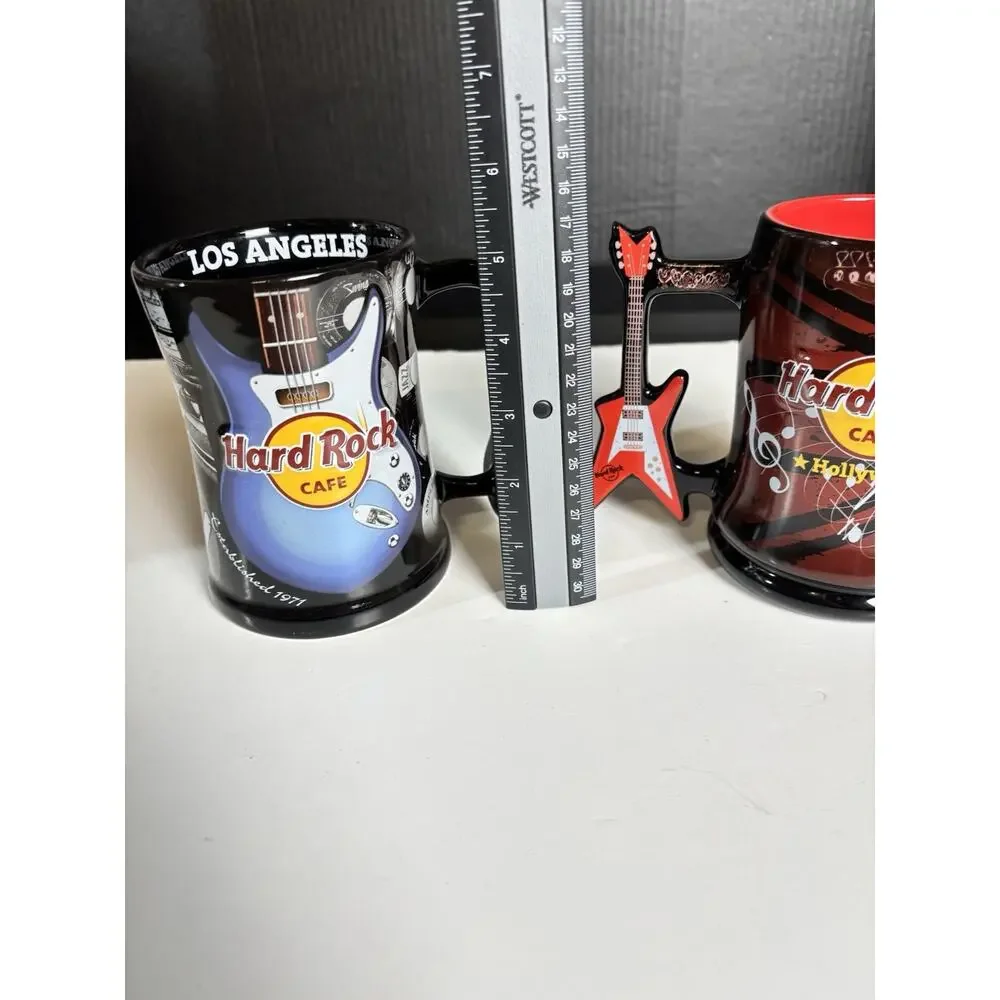 Lot Of 2 - Hard Rock Cafe Hollywood & Los Angeles Souvenir Mugs - Guitar Handle